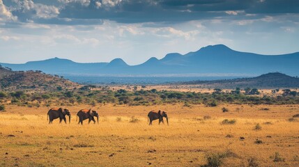 Elephants walking across the vast plains of Tsavo West National Park, Kenya, with the rugged landscape in the background.