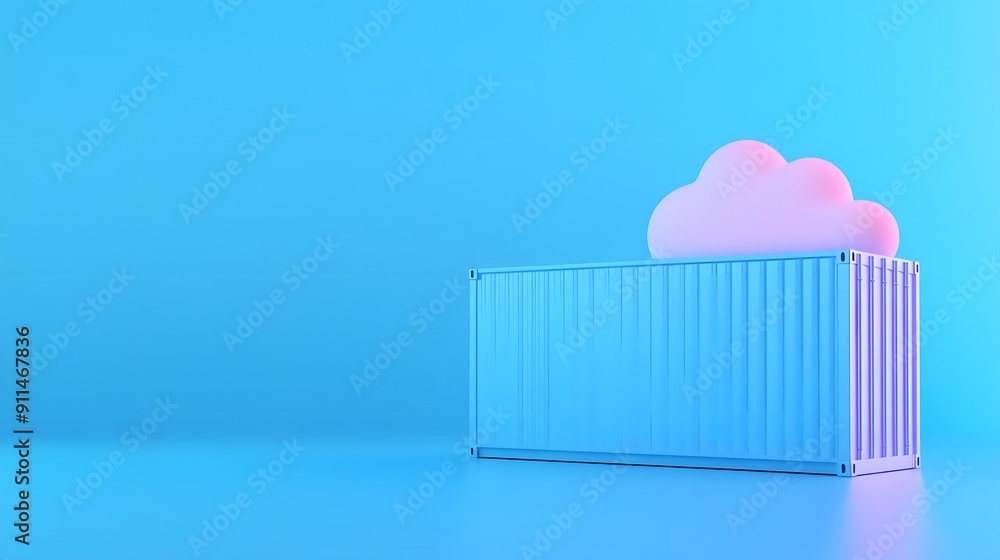 Poster abstract illustration of a shipping container with a cloud icon on top, representing cloud storage a