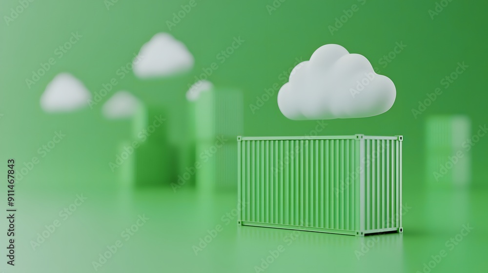 Poster abstract green shipping container with floating clouds, symbolizing data storage and cloud computing