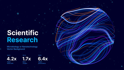 Abstract Science Cell Scientific Medical Research Background. Blue 3D Sphere Backdrop Particles Effect. Futuristic Chemistry Physics Microbiology Concept. Tech BG Vector Illustration.