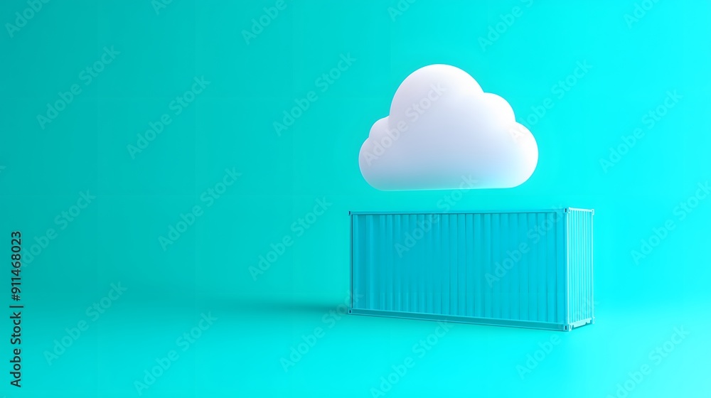 Poster abstract image of a cloud floating above a shipping container on a teal background, representing mod