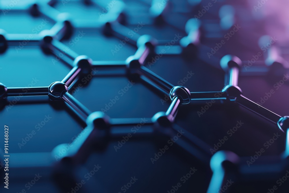 Poster a futuristic network of hexagons and molecular lines on a sleek