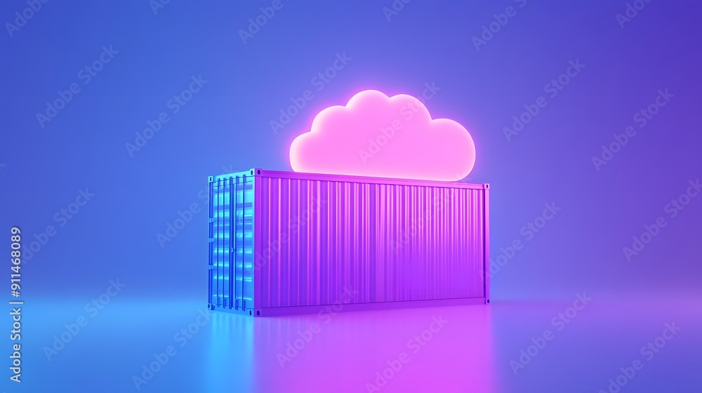 Poster abstract image of a data container with a glowing cloud symbol, representing cloud computing and dat