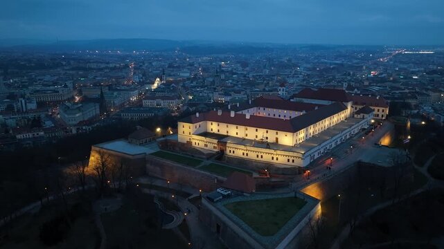 Night aerial view of Spilberk Castle in Brno, Czech Republic
