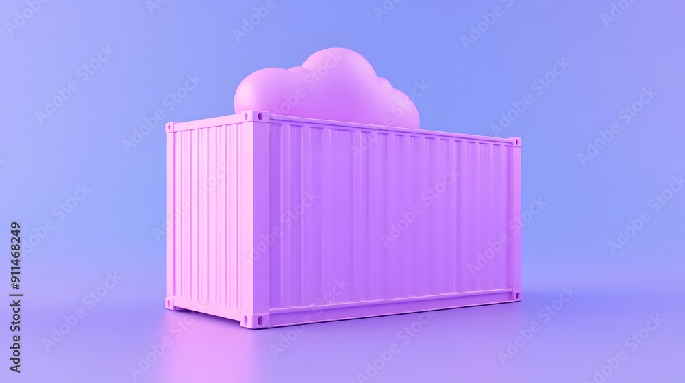 Poster abstract image of a pink shipping container with a cloud emerging from it, set against a soft blue b