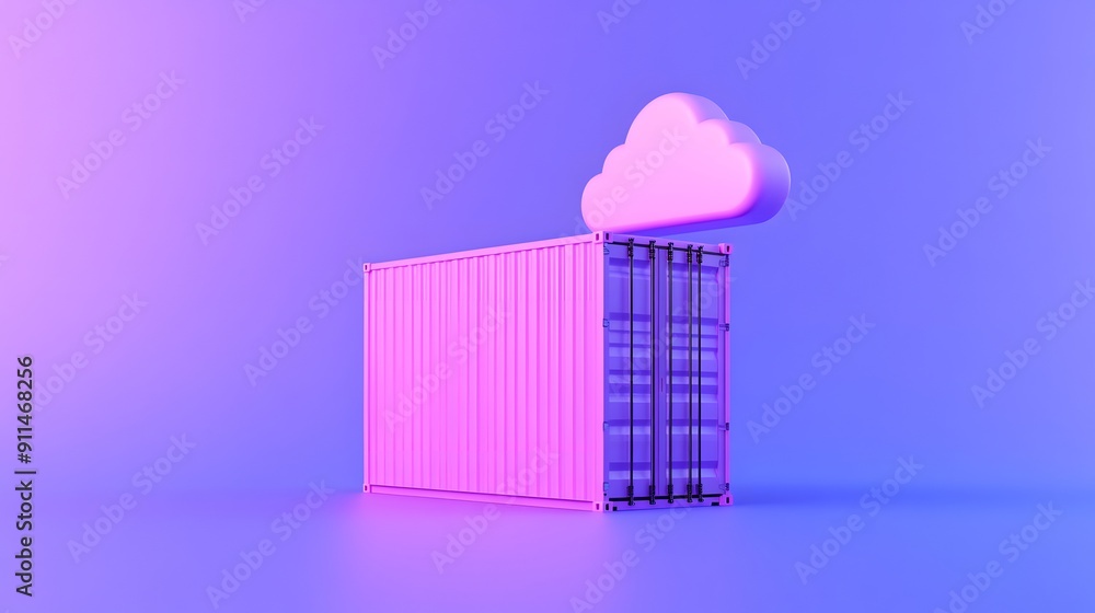 Poster abstract image of a pink shipping container with a cloud on top against a gradient background, repre