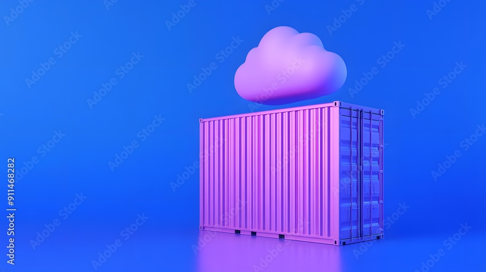 Poster abstract image of a purple shipping container and pink cloud on a blue background symbolizing cloud 