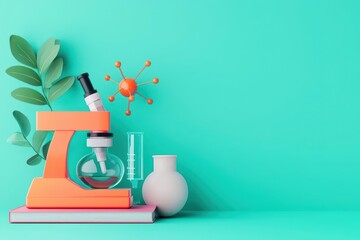 A modern, backtoschool design with futuristic elements, including neoncolored lab equipment and digital atoms