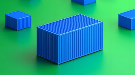 Obraz premium Abstract image of blue shipping containers on a vibrant green background, perfect for themes of logistics, transport, and supply chain.