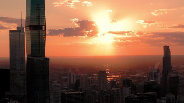 Element of Chicago downtown skyline on gold sunset evening time. Aerial Drone view footage