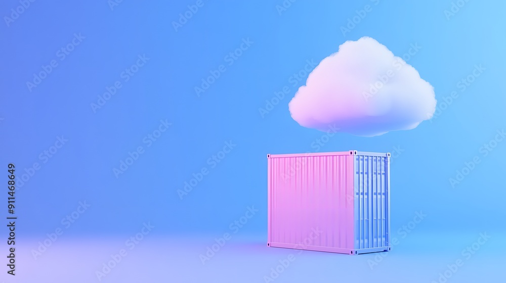 Poster abstract image with a pink shipping container and a white cloud on a blue background, symbolizing cl