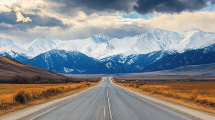 Fototapeta premium Empty road with snow-capped mountains and dramatic skies, ideal for travel and adventure themes.