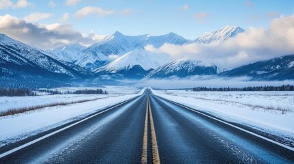 Empty road with snow-covered mountains and a backdrop of clouds, perfect for car travel inspiration.