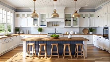 Coastal Chic: A White and Navy Kitchen with a Touch of Nautical Charm  generative AI