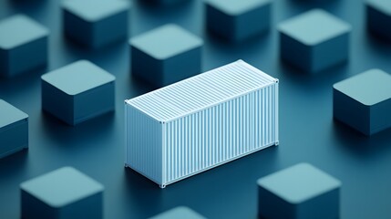 Obraz premium Abstract representation of a single white shipping container surrounded by numerous dark cubes, emphasizing uniqueness and logistics.