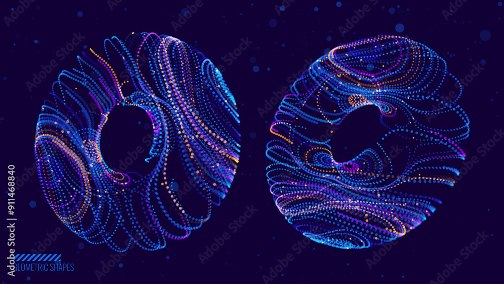 Poster 3D Torus Dots and Lines. Electromagnetic Force Field Concept. Science Physics Background. Vector Illustration. Energy Fields Torus Objects Design Elements.