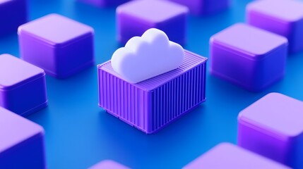 Fototapeta premium Abstract representation of cloud computing technology with 3D containers and cloud icon on blue background.