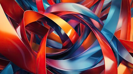 Energetic 3D design with bright red, orange, and blue ribbons forming a vibrant abstract background.