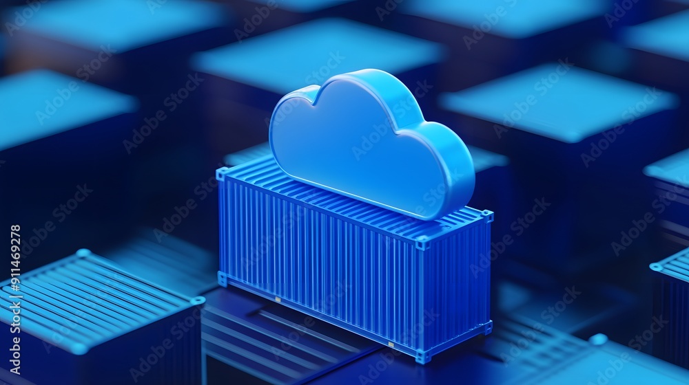 Aufkleber blue 3d-illustration of cloud computing and storage concept. cloud icon positioned on container in a