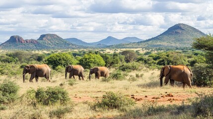 Obraz premium Family of elephants grazing in Tsavo West National Park, with the rugged terrain and bushland in the background.