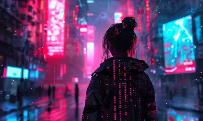 Futuristic Street Fashion Portrait in Abstract Anime-inspired Digital Cityscape: Cyberpunk Aesthetic with Neon Colors. Creative Advertising Background for Urban Trends. AI-generated 4K Wallpaper Blend