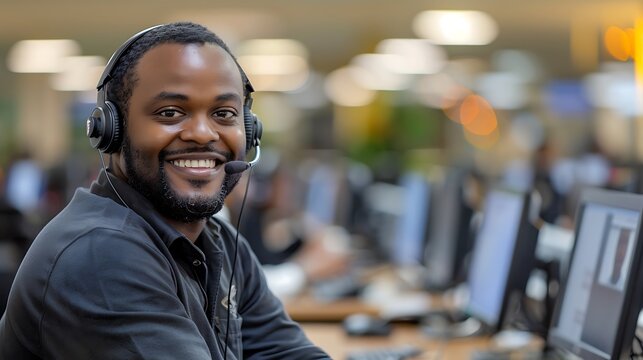 A cheerful customer service agent, with a headset and a big smile, in a spacious call center. The background shows rows of desks and computers, emphasizing a bustling work environment.