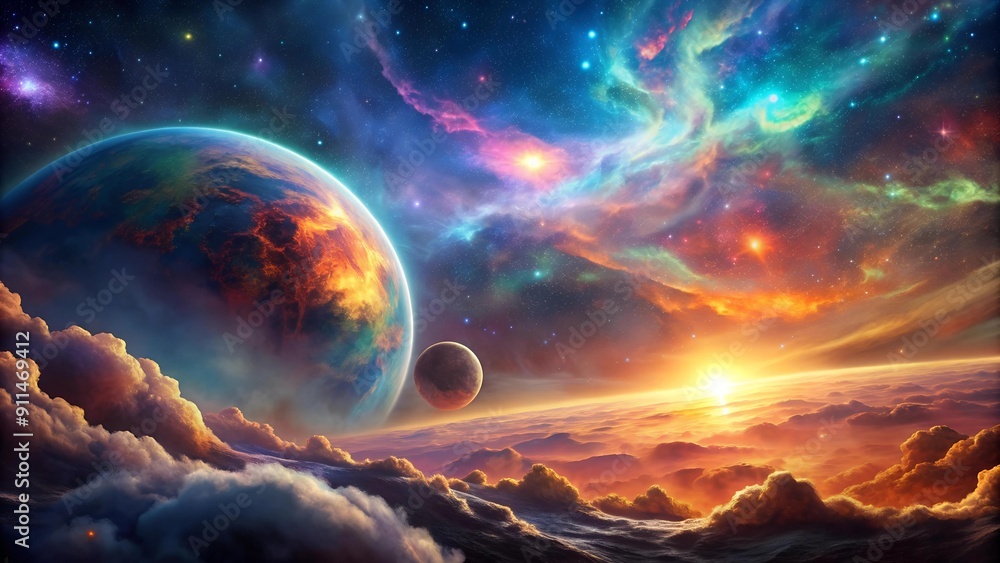 Poster celestial tapestry: a symphony of nebulae and distant worlds generative ai
