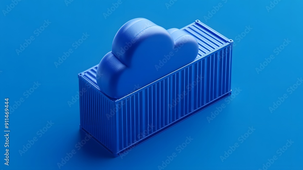 Aufkleber blue cloud and shipping container on a blue background, representing cloud computing and data storag