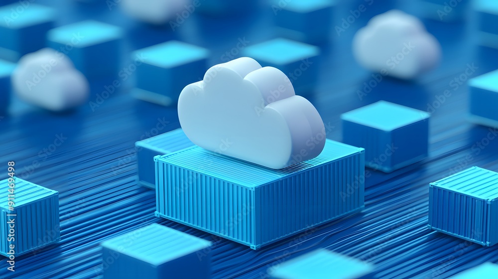 Aufkleber blue cloud computing and data storage concept with 3d cloud icons on blue blocks, representing moder