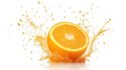 Fresh orange surrounded by a vibrant splash of juice, isolated on white, highlighting the refreshing energy.