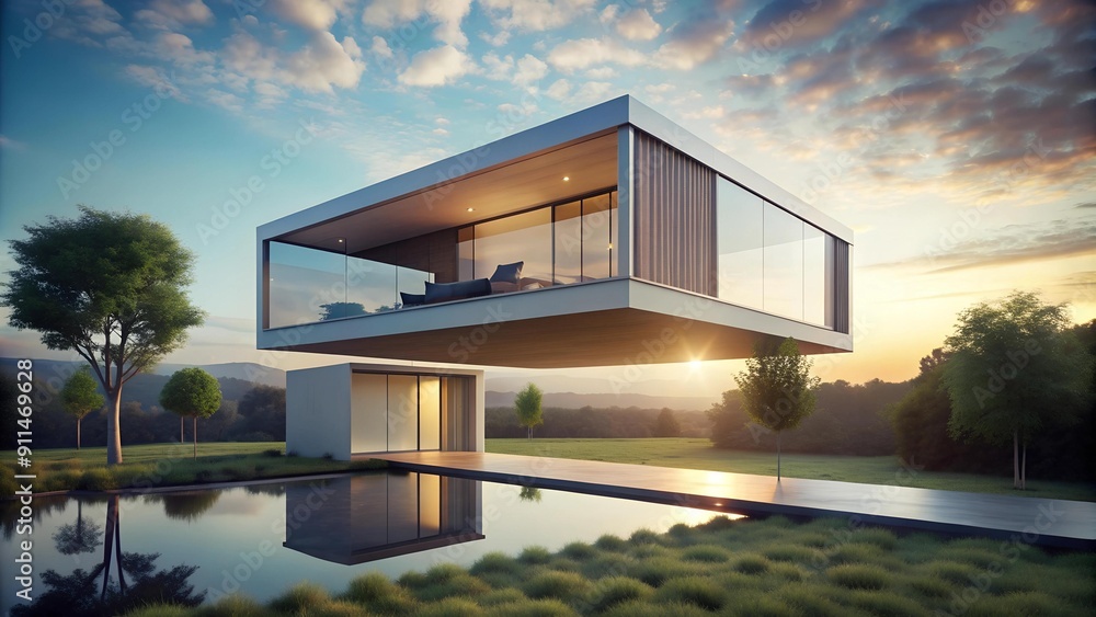 Poster floating minimalism: a modern architectural masterpiece on a levitating platform generative ai