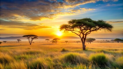 Sunrise Over the Serengeti: A Wide-Angle Embrace of the African Savannah  AI Generated