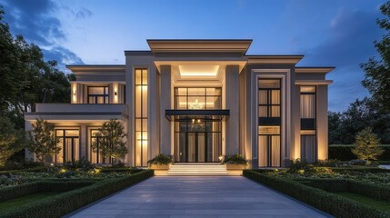 Obraz premium Front facade of a luxurious villa with contemporary design and stylish landscaping, ideal for architectural ideas.