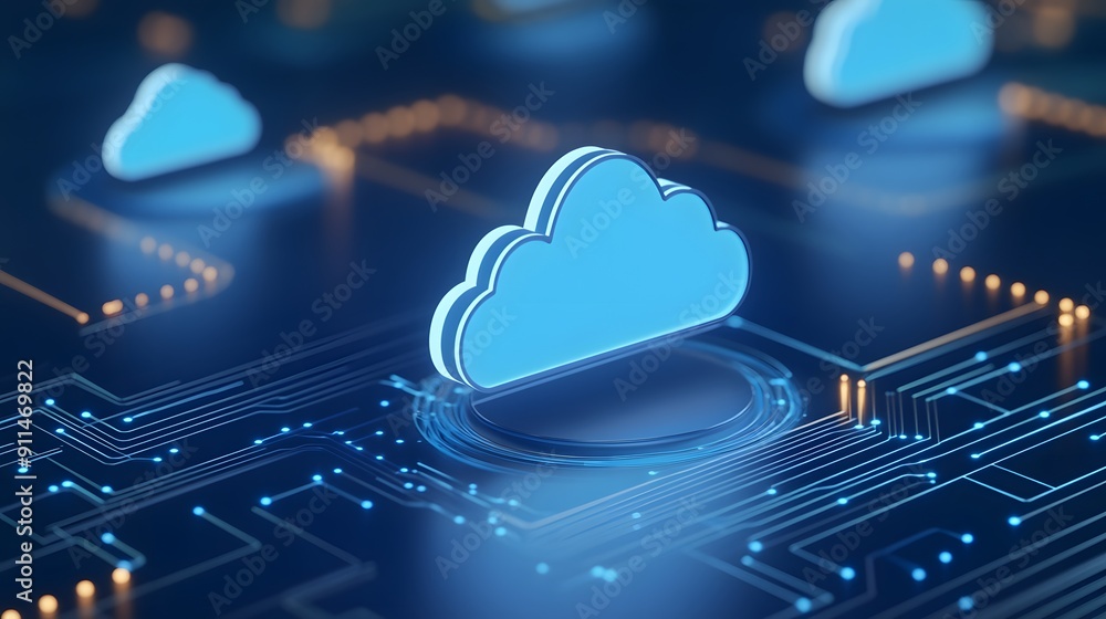 Poster blue cloud computing icons on a digital circuit board, representing technology, data storage, and ne