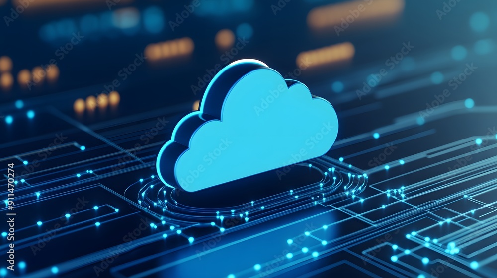 Poster blue cloud icon on a digital circuit board, representing cloud computing and data storage solutions.