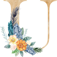 Watercolor Floral Alphabet letters Succlens cactus Stone ctystal  botanical bouquets, wedding invitations
