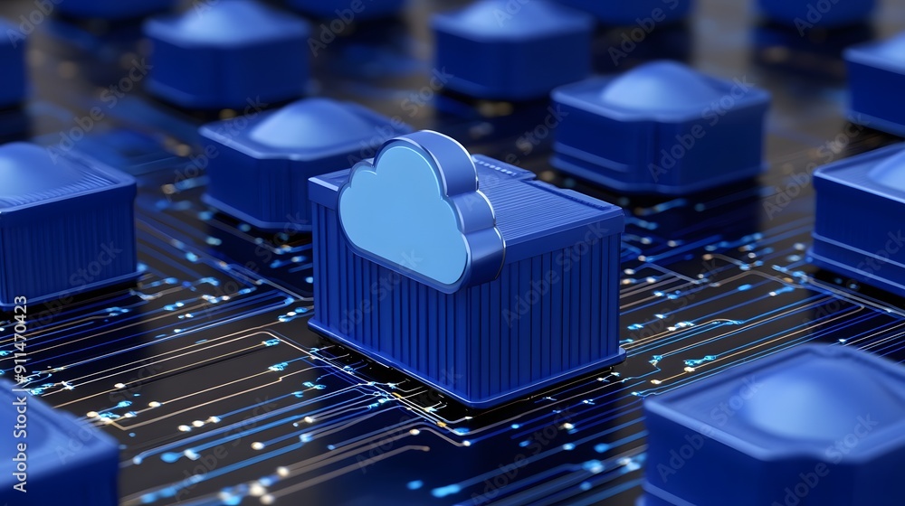 Aufkleber blue cloud storage icon on a circuit board, representing modern data management, cloud computing, an
