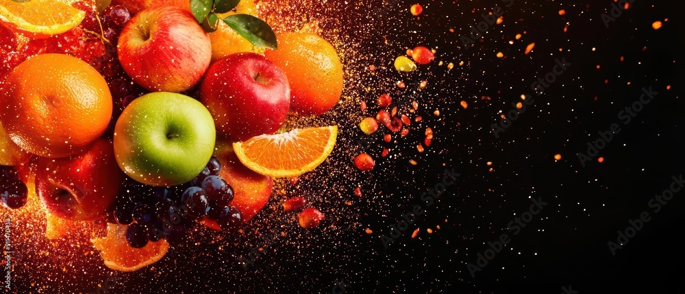 Aufkleber abstract bomb explosion of fruit symbols, dynamically spread across an empty background, with a mesm