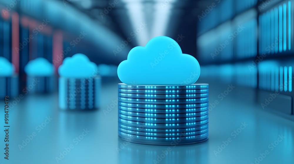 Poster Blue cloud symbol above stacked data storage units in a futuristic server room, representing cloud computing and data management.