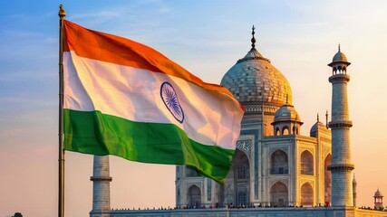 Experience the breathtaking view of the Taj Mahal at sunrise while the Indian flag waves proudly against the stunning backdrop