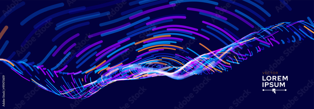 Poster Digital Big Data Flow Vector Background. Big Data Technology Lines. Abstract Science Technology Illustration. Big Data Neural Network Background Concept. AI Visualization Vector Illustration.