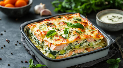 Delicious lasagna with salmon, zucchini, creamy bechamel sauce, parmesan cheese, and leek. Made with layers of Italian pasta sheets, baked in the oven.