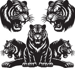 Group of tiger Silhouette isolated on white background Minimalist tiger vector shape icon
