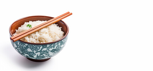 Asian dish in a bowl, chopsticks isolated on a white background