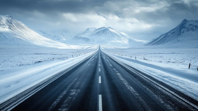 Long, straight highway through snow mountains under a cloudy sky, ideal for travel and adventure themes.
