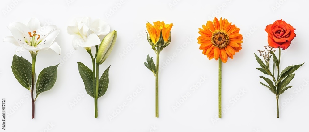 Poster abstract set of minimalist flower designs, each one unique in shape and texture, with empty space ar