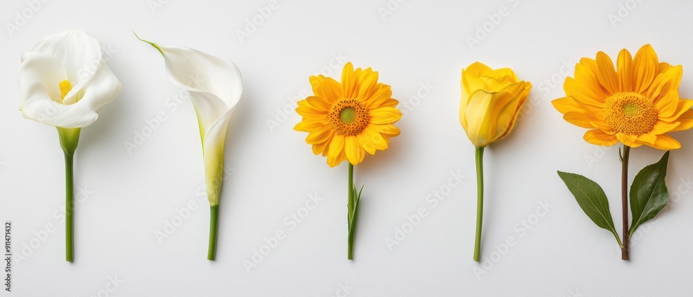 Poster abstract set of minimalist flower designs, each one unique in shape and texture, with empty space ar