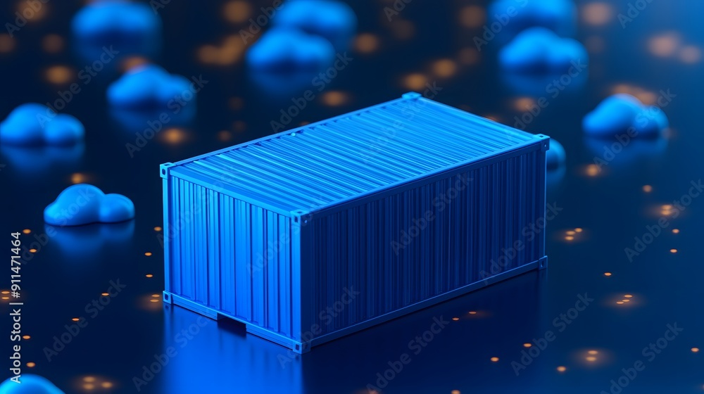 Poster blue shipping container against a futuristic tech background with floating blue clouds, representing
