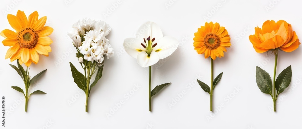 Poster abstract set of minimalist flower designs, each one unique in shape and texture, with empty space ar
