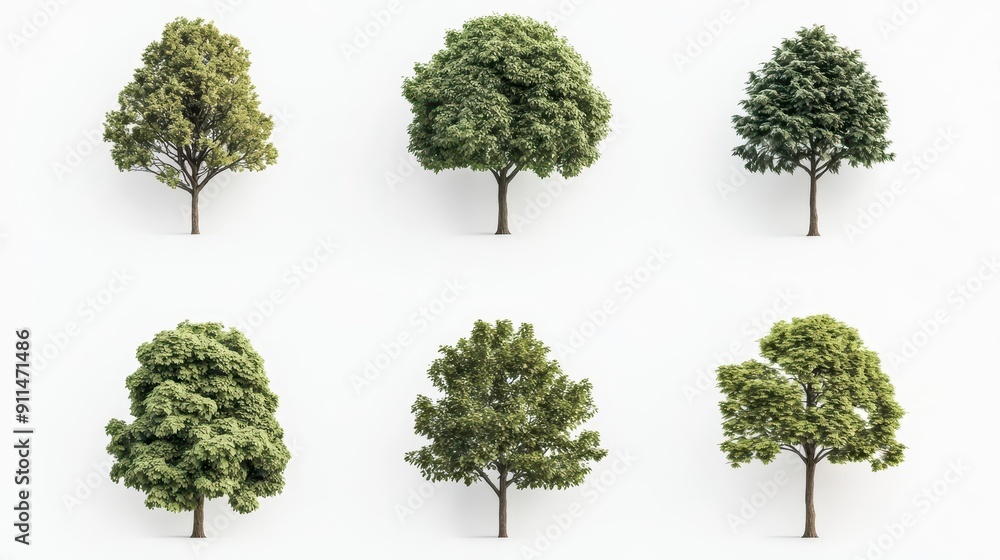 Poster abstract set of minimalist tree designs, each one unique in form and texture, with empty space aroun
